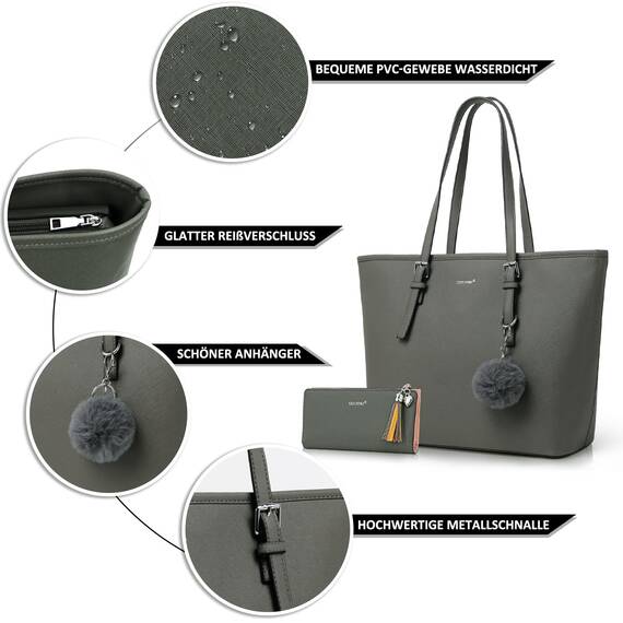 TANTOMI Damen Handtasche Set mit Geldbörse für Büro, Schule, Einkauf - Groß mit Quasten, Pelz, Plüsch und Schlüsselring