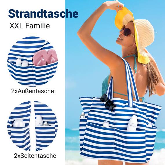 Strandtasche XXL Familie Große Beach Bag Badetasche mit Reißverschluss Shopper Damen, Leicht Faltbare Grosse Schwimmbadtasche, Urlaub Must Have Einkaufstaschen für Reisen Einkaufen Picknick Alltag