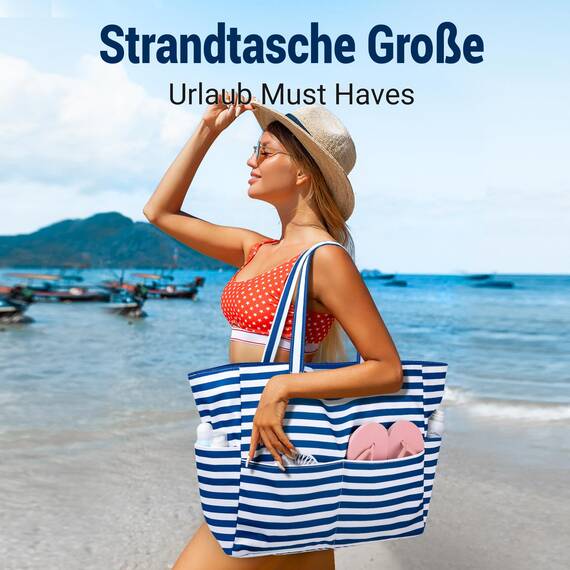 Strandtasche XXL Familie Große Beach Bag Badetasche mit Reißverschluss Shopper Damen, Leicht Faltbare Grosse Schwimmbadtasche, Urlaub Must Have Einkaufstaschen für Reisen Einkaufen Picknick Alltag