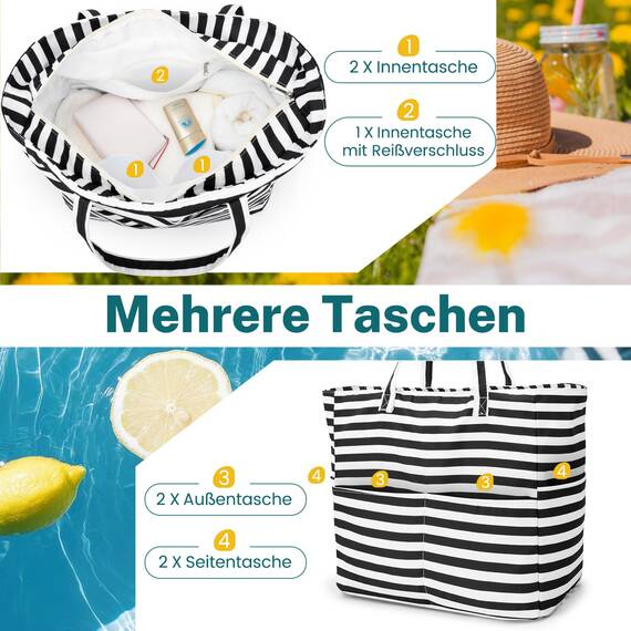 Strandtasche Badetasche Große XXL mit Reißverschluss Familie Beach Bag Shopper Damen, Leicht Faltbare Grosse Schwimmbadtasche, Urlaub Must Have Einkaufstaschen für Reisen Einkaufen Picknick Alltag