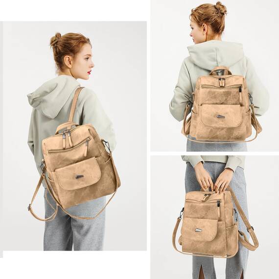 Puwuzixi Frauen Rucksack Wasserdicht Anti-Diebstahl Leichtgewicht PU Mode Reisen Mehrzweck Cabrio Geldbörse Umhängetasche Handtasche Rucksack（Kakhi）