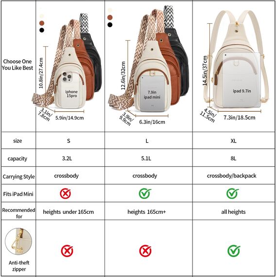 OSOCE Crossbody Damen Klein Brusttasche PU Leder Sling Bag Diebstahlsicher Crossbag Damen Schulterrucksack Vielseitige Umhängetasche für Reisen und mehr in Braun Weiß und Schwarz