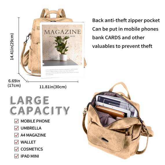 Puwuzixi Frauen Rucksack Wasserdicht Anti-Diebstahl Leichtgewicht PU Mode Reisen Mehrzweck Cabrio Geldbörse Umhängetasche Handtasche Rucksack（Kakhi）