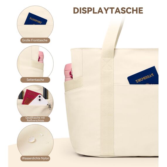 KALIDI Shopper Tasche Damen Groß Handtasche Arbeitstasche Uni Tote Bag Beige für Arbeit, Schule, Büro