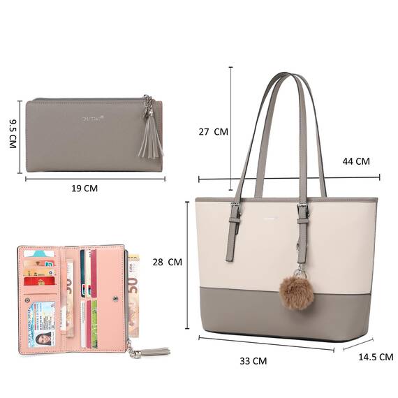 TANTOMI Damen Handtasche Set mit Geldbörse für Büro, Schule, Einkauf - Groß mit Quasten, Pelz, Plüsch und Schlüsselring