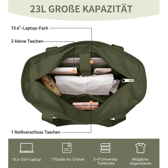 KALIDI Shopper Tasche Damen Handtasche Groß Arbeitstasche Uni Tasche Damen-Shopper Tote Bag Grün FüR Arbeit, School, BüRo, Schule
