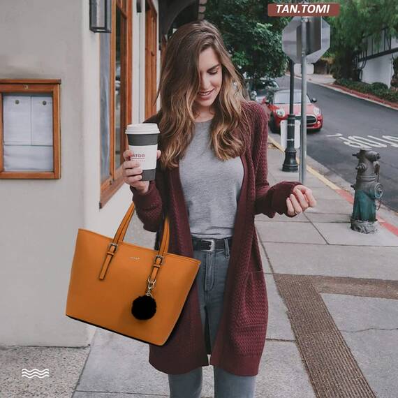 TANTOMI Handtasche Damen Set Tasche Mit Geldbörse für Büro Schule Einkauf Handtasche Damen Groß Mit Quasten Damen und Pelz Kugel Plüsch Schlüsselring