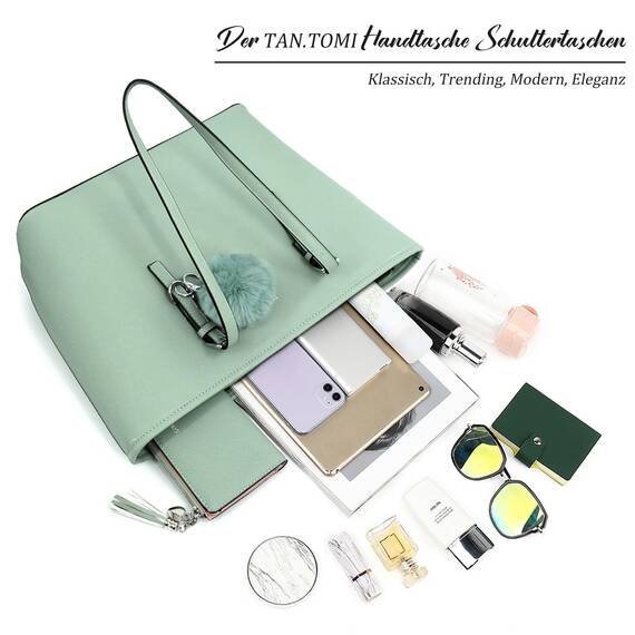 TANTOMI Handtasche Damen Set Tasche Mit Geldbörse für Büro Schule Einkauf Handtasche Damen Groß Mit Quasten Damen und Pelz Kugel Plüsch Schlüsselring