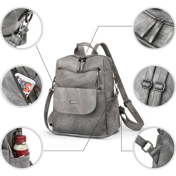 Puwuzixi Frauen Rucksack Wasserdicht Anti-Diebstahl Leichtgewicht PU Mode Reisen Mehrzweck Cabrio Geldbörse Umhängetasche Handtasche Rucksack（Grey）