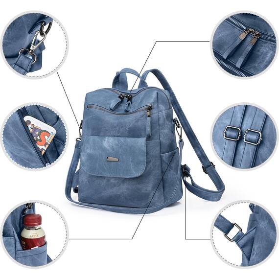 Puwuzixi Frauen Rucksack Wasserdicht Anti-Diebstahl Leichtgewicht PU Mode Reisen Mehrzweck Cabrio Geldbörse Umhängetasche Handtasche Rucksack（Blue）