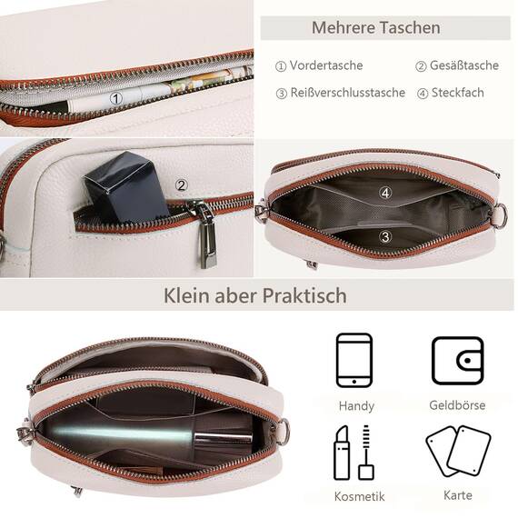TIAASTAP Damen Umhängetasche Klein Leder Handtasche Crossbody Bag Crossbag Schultertasche Damen Tasche Moderne Taschen mit breitem Schultergurt und 3 Fächern