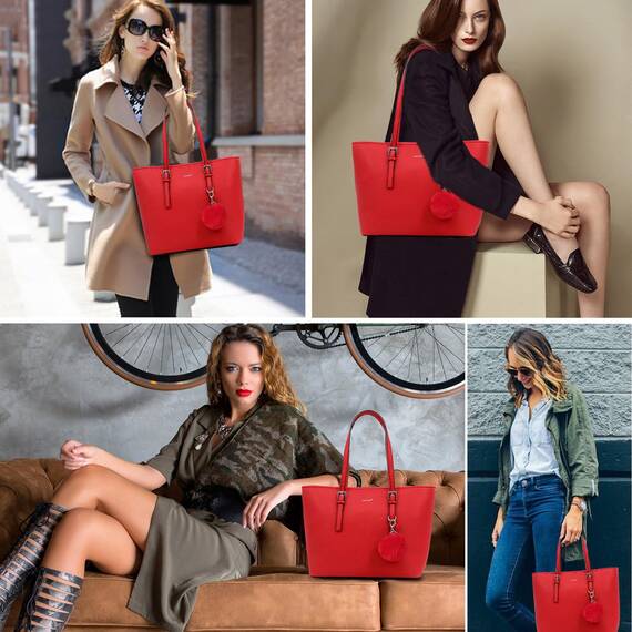 TANTOMI Handtasche Damen Set Tasche Mit Geldbörse für Büro Schule Einkauf Handtasche Damen Groß Mit Quasten Damen und Pelz Kugel Plüsch Schlüsselring