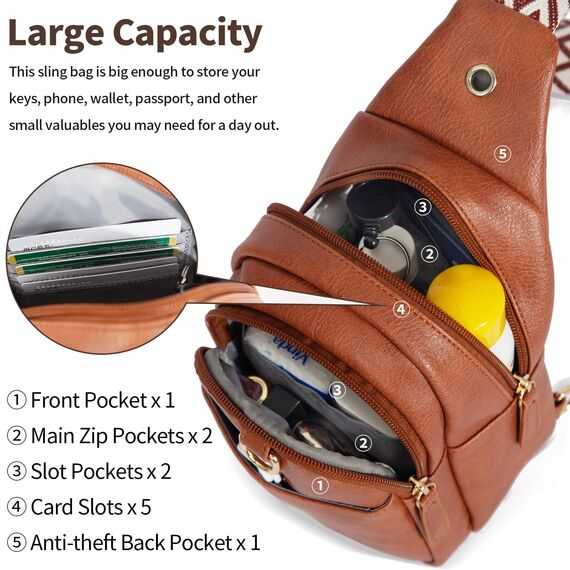 OSOCE Crossbody Damen Klein Brusttasche PU Leder Sling Bag Diebstahlsicher Crossbag Damen Schulterrucksack Vielseitige Umhängetasche für Reisen und mehr in Braun Weiß und Schwarz
