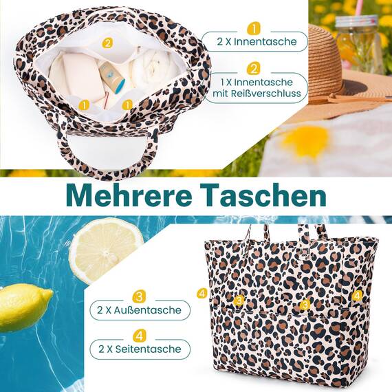 Strandtasche mit Reißverschluss Badetasche XXL Familie Große Beach Bag Shopper Damen, Leicht Faltbare Grosse Schwimmbadtasche, Urlaub Must Have Einkaufstaschen für Reisen Einkaufen Picknick Alltag