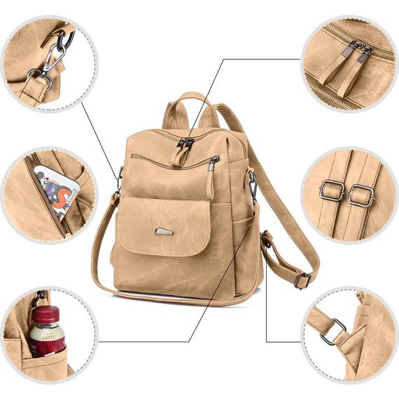 Puwuzixi Frauen Rucksack Wasserdicht Anti-Diebstahl Leichtgewicht PU Mode Reisen Mehrzweck Cabrio Geldbörse Umhängetasche Handtasche Rucksack（Kakhi）