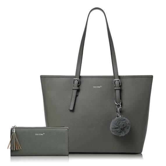 TANTOMI Damen Handtasche Set mit Geldbörse für Büro, Schule, Einkauf - Groß mit Quasten, Pelz, Plüsch und Schlüsselring