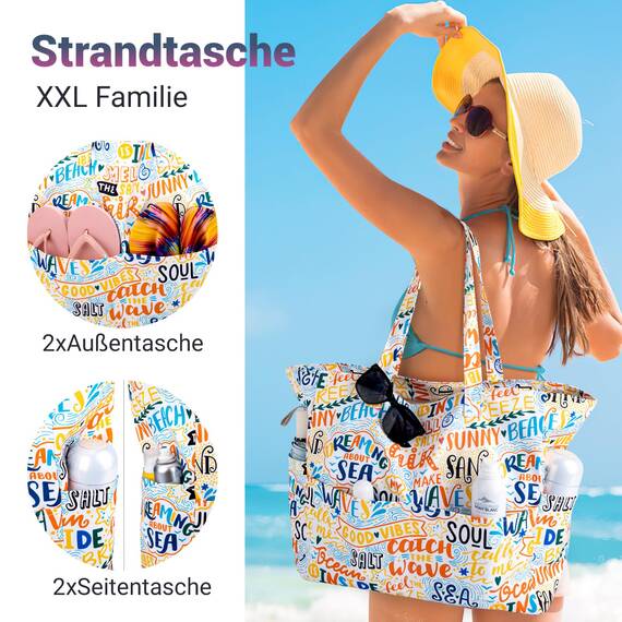 Strandtasche Badetasche Große XXL mit Reißverschluss Familie Beach Bag Shopper Damen, Leicht Faltbare Grosse Schwimmbadtasche, Urlaub Must Have Einkaufstaschen für Reisen Einkaufen Picknick Alltag