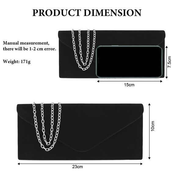 OSDUE Kettentasche, Clutch Damen, Samt Abendtasche, Elegante Envelope Tasche Kettentasche Schultertaschen für Hochzeit Party Freizeit Date (Schwarz)
