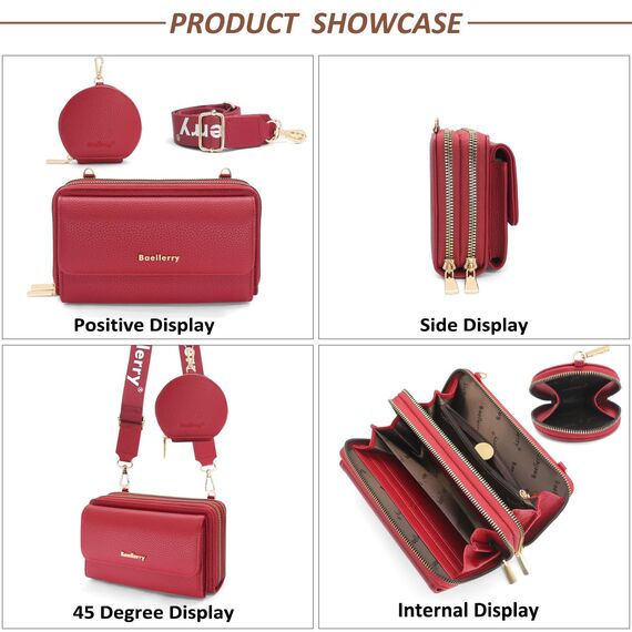 HNOOM Handytasche zum Umhängen Kleine Handy Umhängetasche Damen PU Leder Handytasche mit Geldbörse zum Umhängen Crossbody Schultertasche mit Kartenfächer, Verstellbarem Schultergurt (Weinrot)