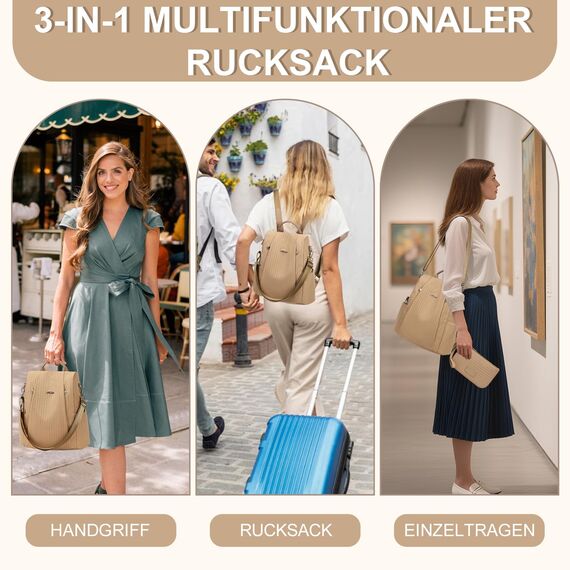 Eshow Rucksack Damen Klein, Anti-Diebstahl Kleiner Cityrucksack Tagesrucksack Elegant, 3 in 1 Rucksacktasche mit Clutchbag & RFID Blocker Modern für Pendeln Schule Arbeit Reise Grau