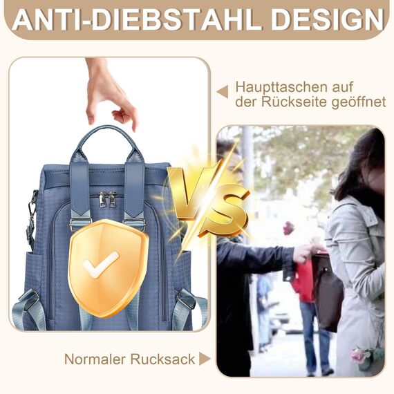 Eshow Rucksack Damen Klein, Anti-Diebstahl Kleiner Cityrucksack Tagesrucksack Elegant, 3 in 1 Rucksacktasche mit Clutchbag & RFID Blocker Modern für Pendeln Schule Arbeit Reise Blau