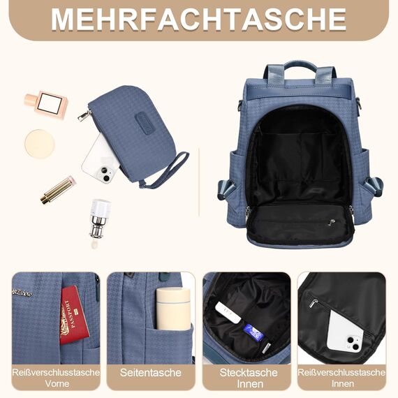 Eshow Rucksack Damen Klein, Anti-Diebstahl Kleiner Cityrucksack Tagesrucksack Elegant, 3 in 1 Rucksacktasche mit Clutchbag & RFID Blocker Modern für Pendeln Schule Arbeit Reise Blau
