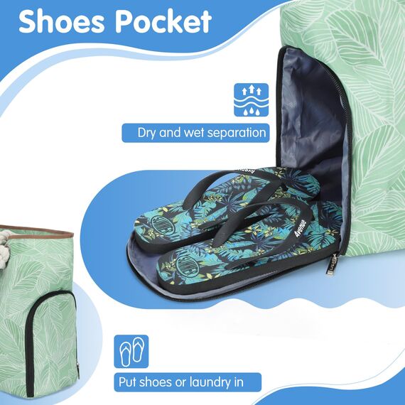 Lekespring Strandtasche Damen Groß mit Reißverschluss, Badetasche XXL Familie Saunatasche Reisetasche Beach Tote Bag für Strand Reisen Einkaufen u.Sport (Grünes Blatt)