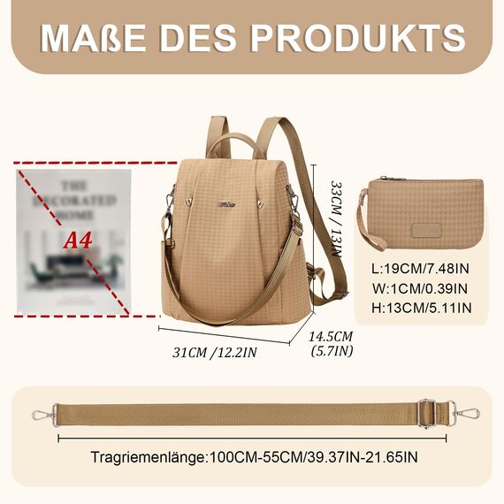 Eshow Rucksack Damen Klein, Anti-Diebstahl Kleiner Cityrucksack Tagesrucksack Elegant, 3 in 1 Rucksacktasche mit Clutchbag & RFID Blocker Modern für Pendeln Schule Arbeit Reise Grau