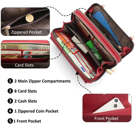 HNOOM Handytasche zum Umhängen Kleine Handy Umhängetasche Damen PU Leder Handytasche mit Geldbörse zum Umhängen Crossbody Schultertasche mit Kartenfächer, Verstellbarem Schultergurt (Weinrot)