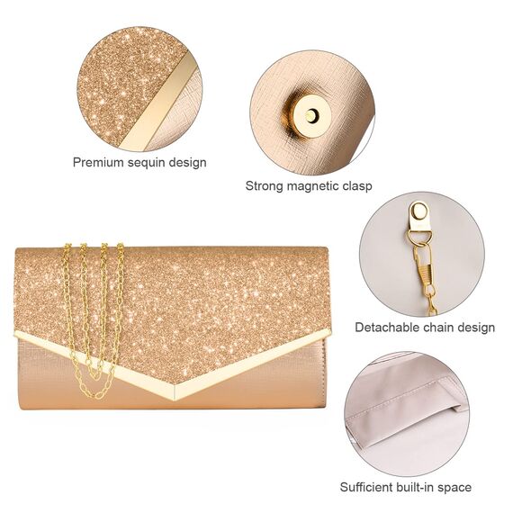 OSDUE Kettentasche, Clutch Damen, Glitzer Abendtasche, Elegante Envelope Tasche Kettentasche Schultertaschen für Hochzeit Party Freizeit Date