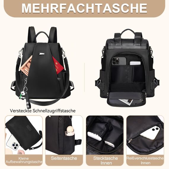 Eshow Rucksack Damen Klein, Anti-Diebstahl Kleiner Cityrucksack Tagesrucksack Elegant, 3 in 1 Rucksacktasche mit Clutchbag & RFID Blocker Modern für Pendeln Schule Arbeit Reise Schwarz