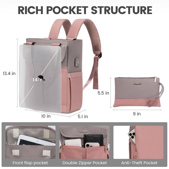LOVEVOOK Rucksack Damen Klein, Kleiner Rucksacks Damen Cityrucksack Mini Rucksacktasche Elegant Handtasche Schultertasche, Wasserdicht Laptop Rucksack 13,3 Zoll, Grau Rosa
