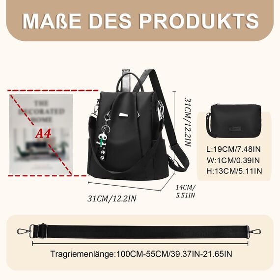 Eshow Rucksack Damen Klein, Anti-Diebstahl Kleiner Cityrucksack Tagesrucksack Elegant, 3 in 1 Rucksacktasche mit Clutchbag & RFID Blocker Modern für Pendeln Schule Arbeit Reise Schwarz