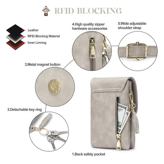 Roulens kleine Handy Umhängetasche Damen, Handytasche mit Geldbörse zum Umhängen, PU Leder Tasche damen für Frauen Designer, verstellbarer Riemen und Schlüsselanhänger