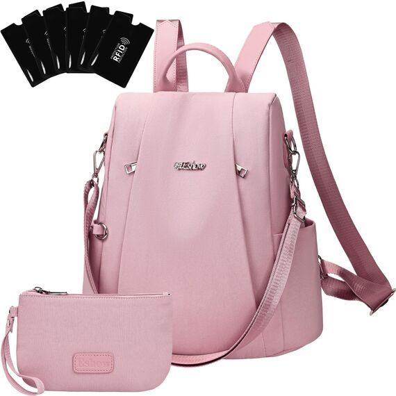 Eshow Rucksack Damen Klein, Anti-Diebstahl Kleiner Cityrucksack Tagesrucksack Elegant, 3 in 1 Rucksacktasche mit Clutchbag & RFID Blocker Modern für Pendeln Schule Arbeit Reise Rosa