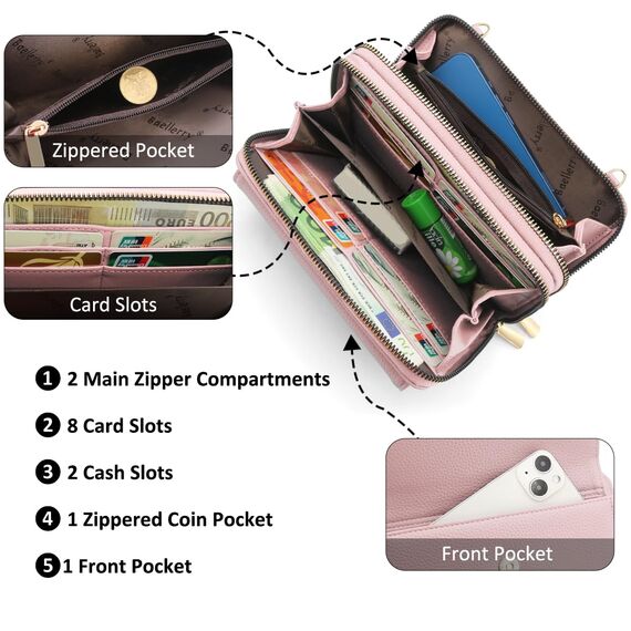 HNOOM Handytasche zum Umhängen Kleine Handy Umhängetasche Damen PU Leder Handytasche mit Geldbörse zum Umhängen Crossbody Schultertasche mit Kartenfächer, Verstellbarem Schultergurt (Rosa)