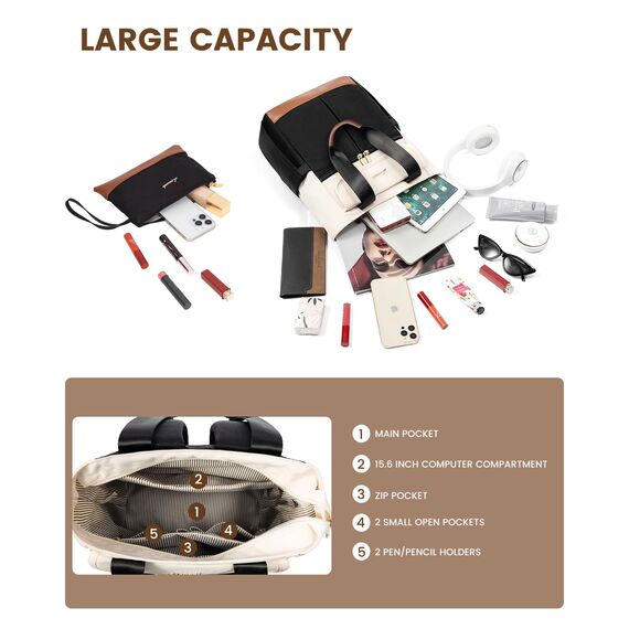 LOVEVOOK Rucksack Damen Groß, Laptop Rucksäcke Schulrucksack Teenager, Schultasche Arbeitstasche Handtasche 2 in 1, 15,6 Zoll Lehrertasche Tagesrucksäcke für Reise Uni Business, Beige Schwarz Braun