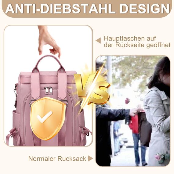 Eshow Rucksack Damen Klein, Anti-Diebstahl Kleiner Cityrucksack Tagesrucksack Elegant, 3 in 1 Rucksacktasche mit Clutchbag & RFID Blocker Modern für Pendeln Schule Arbeit Reise Rosa
