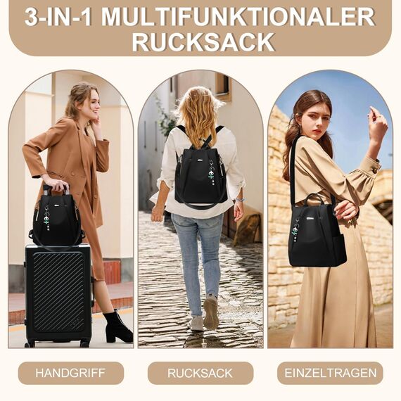 Eshow Rucksack Damen Klein, Anti-Diebstahl Kleiner Cityrucksack Tagesrucksack Elegant, 3 in 1 Rucksacktasche mit Clutchbag & RFID Blocker Modern für Pendeln Schule Arbeit Reise Schwarz
