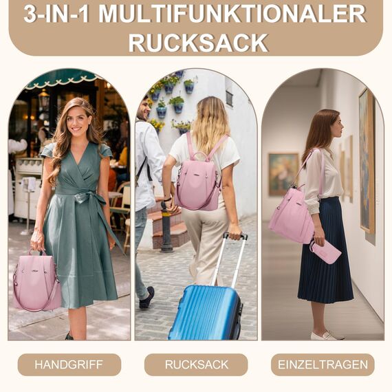 Eshow Rucksack Damen Klein, Anti-Diebstahl Kleiner Cityrucksack Tagesrucksack Elegant, 3 in 1 Rucksacktasche mit Clutchbag & RFID Blocker Modern für Pendeln Schule Arbeit Reise Rosa