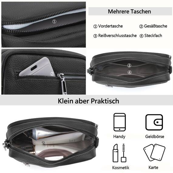 TIAASTAP Damen Umhängetasche Klein Leder Handtasche Crossbody Bag Crossbag Schultertasche Damen Tasche Moderne Taschen mit breitem Schultergurt und 3 Fächern
