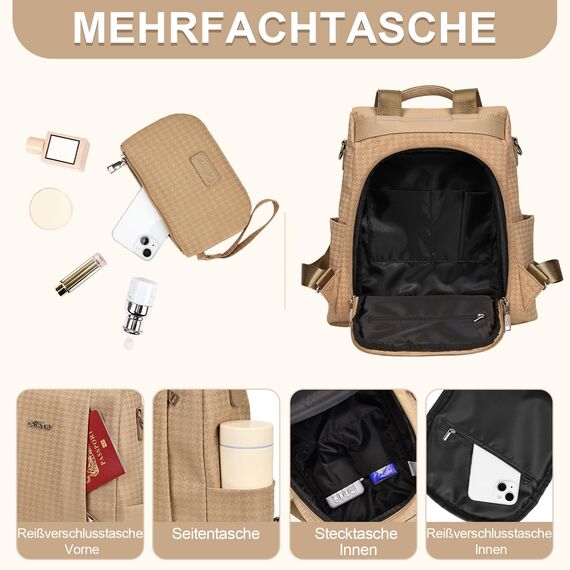 Eshow Rucksack Damen Klein, Anti-Diebstahl Kleiner Cityrucksack Tagesrucksack Elegant, 3 in 1 Rucksacktasche mit Clutchbag & RFID Blocker Modern für Pendeln Schule Arbeit Reise Grau