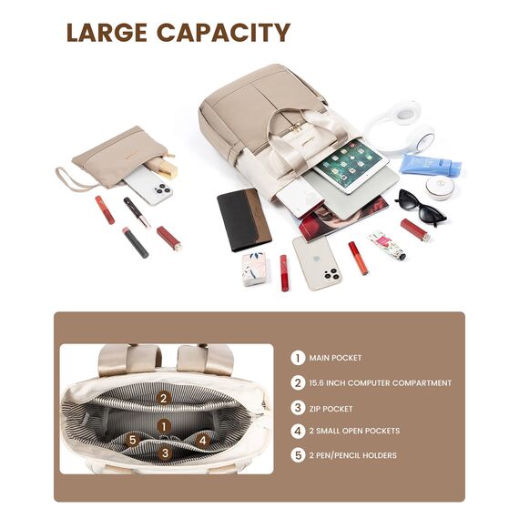 LOVEVOOK Rucksack Damen Groß, 15,6 Zoll Laptop Rucksacktasche Schulrucksack Teenager, Wasserdicht Arbeitstasche Handtasche 2 in 1, Lehrertasche Tagesrucksäcke für Reise Uni Business, Beige Khaki