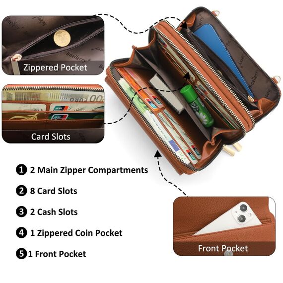 HNOOM Handytasche zum Umhängen Kleine Handy Umhängetasche Damen PU Leder Handytasche mit Geldbörse zum Umhängen Crossbody Schultertasche mit Kartenfächer, Verstellbarem Schultergurt (Braun)