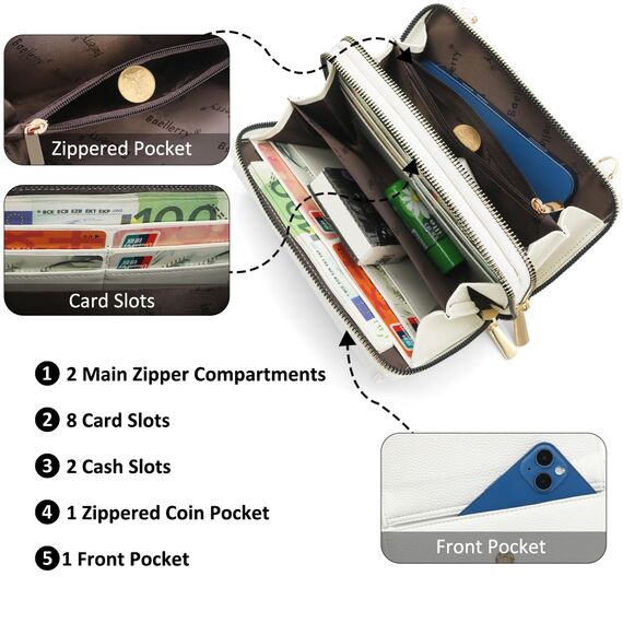 HNOOM Handytasche zum Umhängen Kleine Handy Umhängetasche Damen PU Leder Handytasche mit Geldbörse zum Umhängen Crossbody Schultertasche mit Kartenfächer, Verstellbarem Schultergurt (Weiß)