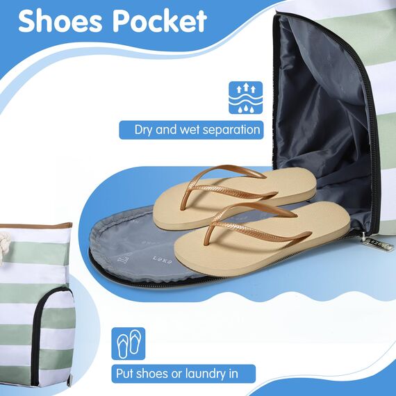 Lekespring Strandtasche Damen Groß mit Reißverschluss, Badetasche XXL Familie Saunatasche Reisetasche Beach Tote Bag für Strand Reisen Einkaufen u.Sport (Grüne Gestreift)