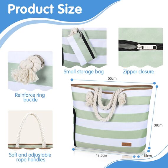 Lekespring Strandtasche Damen Groß mit Reißverschluss, Badetasche XXL Familie Saunatasche Reisetasche Beach Tote Bag für Strand Reisen Einkaufen u.Sport (Grüne Gestreift)