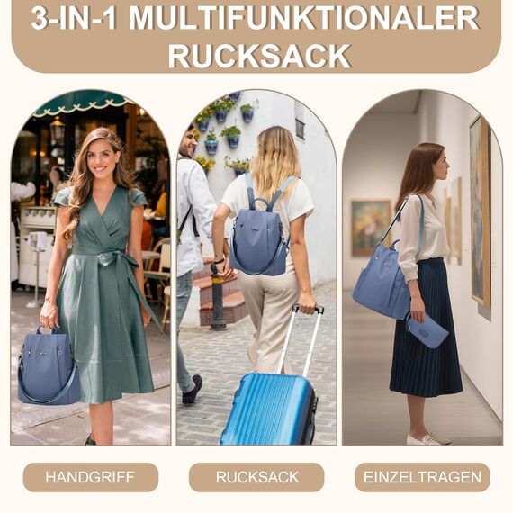 Eshow Rucksack Damen Klein, Anti-Diebstahl Kleiner Cityrucksack Tagesrucksack Elegant, 3 in 1 Rucksacktasche mit Clutchbag & RFID Blocker Modern für Pendeln Schule Arbeit Reise Blau