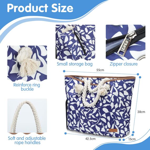Lekespring Strandtasche Damen Groß mit Reißverschluss, Badetasche XXL Familie Saunatasche Reisetasche Beach Tote Bag für Strand Reisen Einkaufen u.Sport (Blau und Weiß)