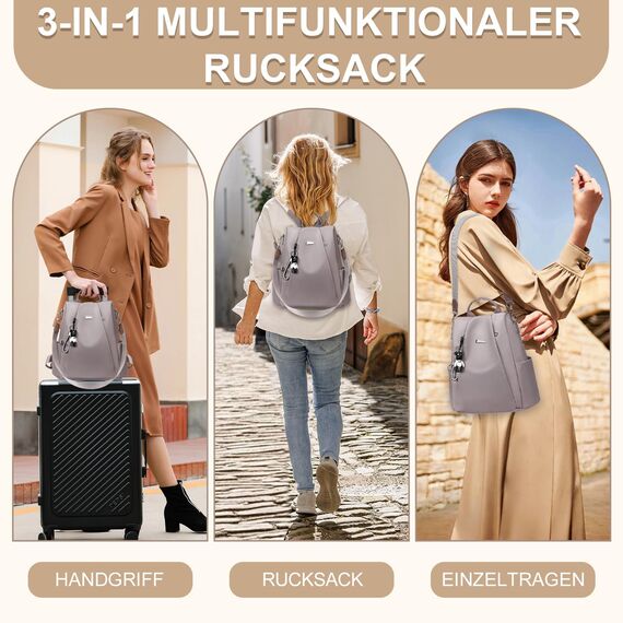 Eshow Rucksack Damen Klein, Anti-Diebstahl Kleiner Cityrucksack Tagesrucksack Elegant, 3 in 1 Rucksackhandtasche für Mädchen und Frauen, Rucksacktasche Modern für Pendeln Schule Arbeit Reise Grau